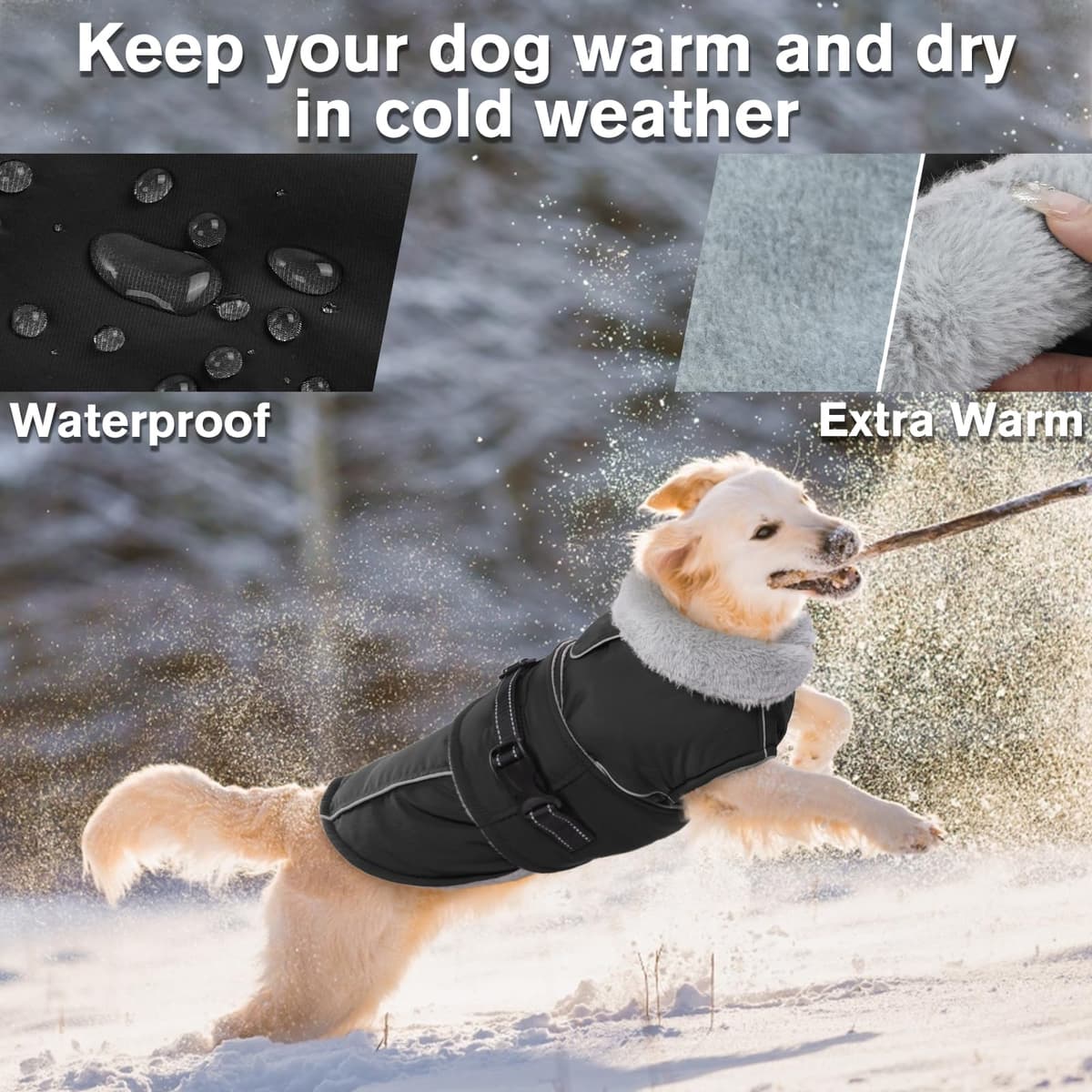 Lelepet Warm Coats and Jackets for Dogs, Waterproof Winter Dog Coat for Cold Weather, Reflective Dog Puffer Jacket, Fleece Lining Pet Coat with Harness Hole for Large Dogs, Black 2XL — view 2