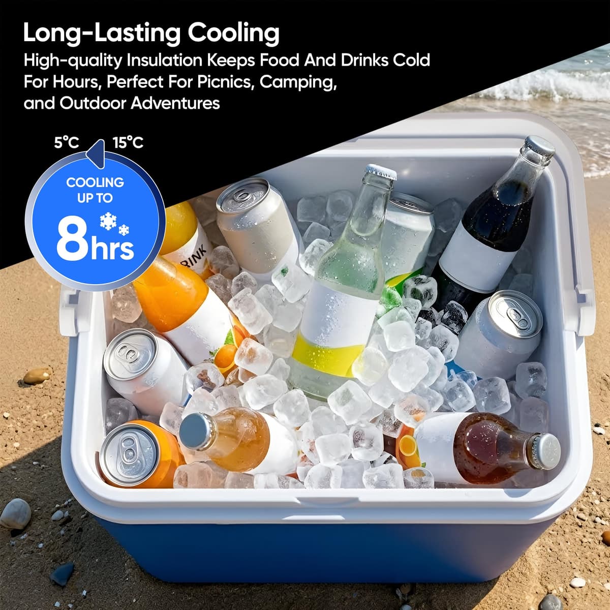 Cool Box Lightweight Portable Ice Cooler with Handle & Lid, Insulated Cooler Box for Camping, Picnic, Beach & Travel — view 3