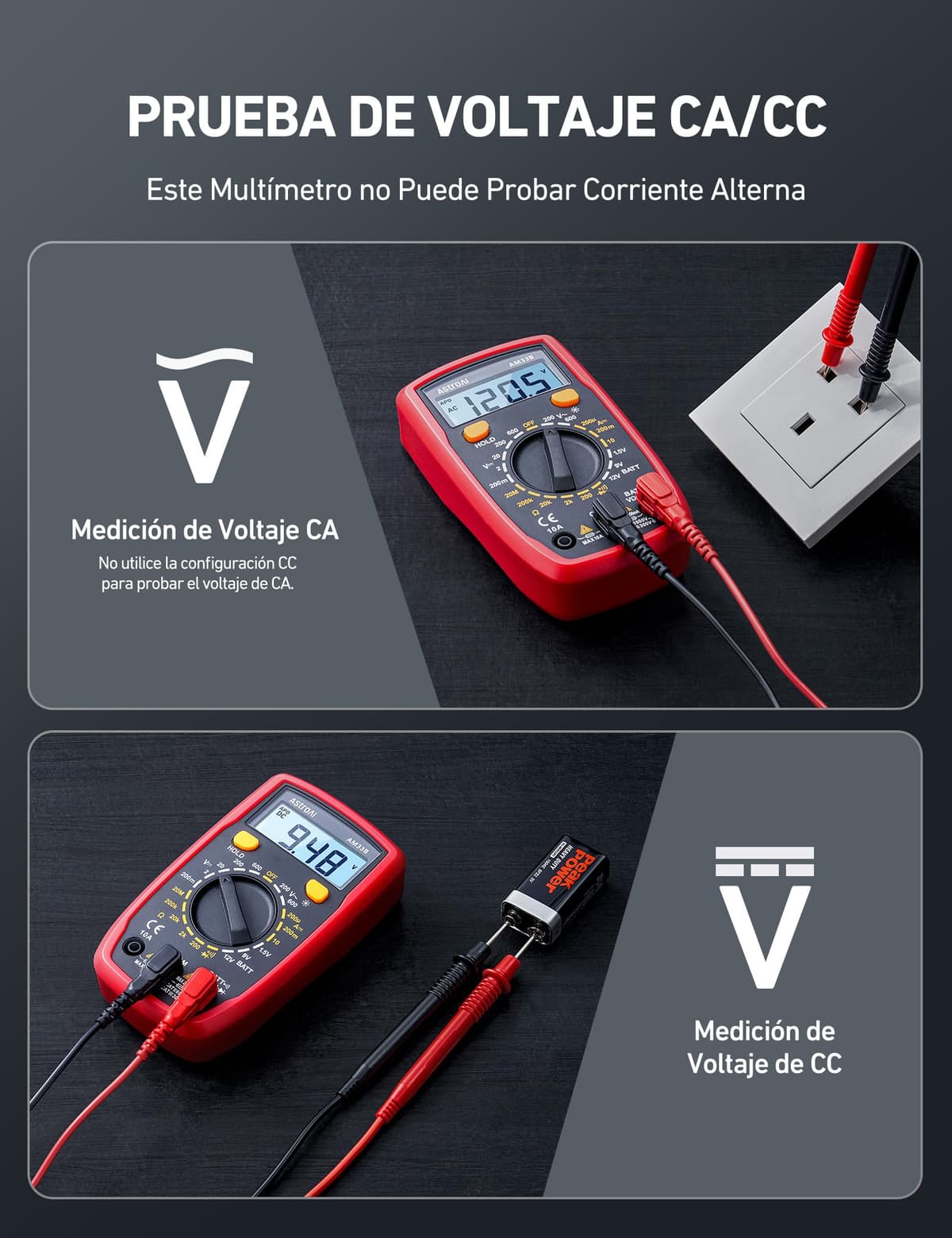 AstroAI Multímetro Digital, Polímetro Profesional, Voltímetro, Tester Electricista, Multimeter para Corriente CC, Voltaje CA/CC, Resistencia, Continuidad y Diodos de Prueba, Negro — view 3