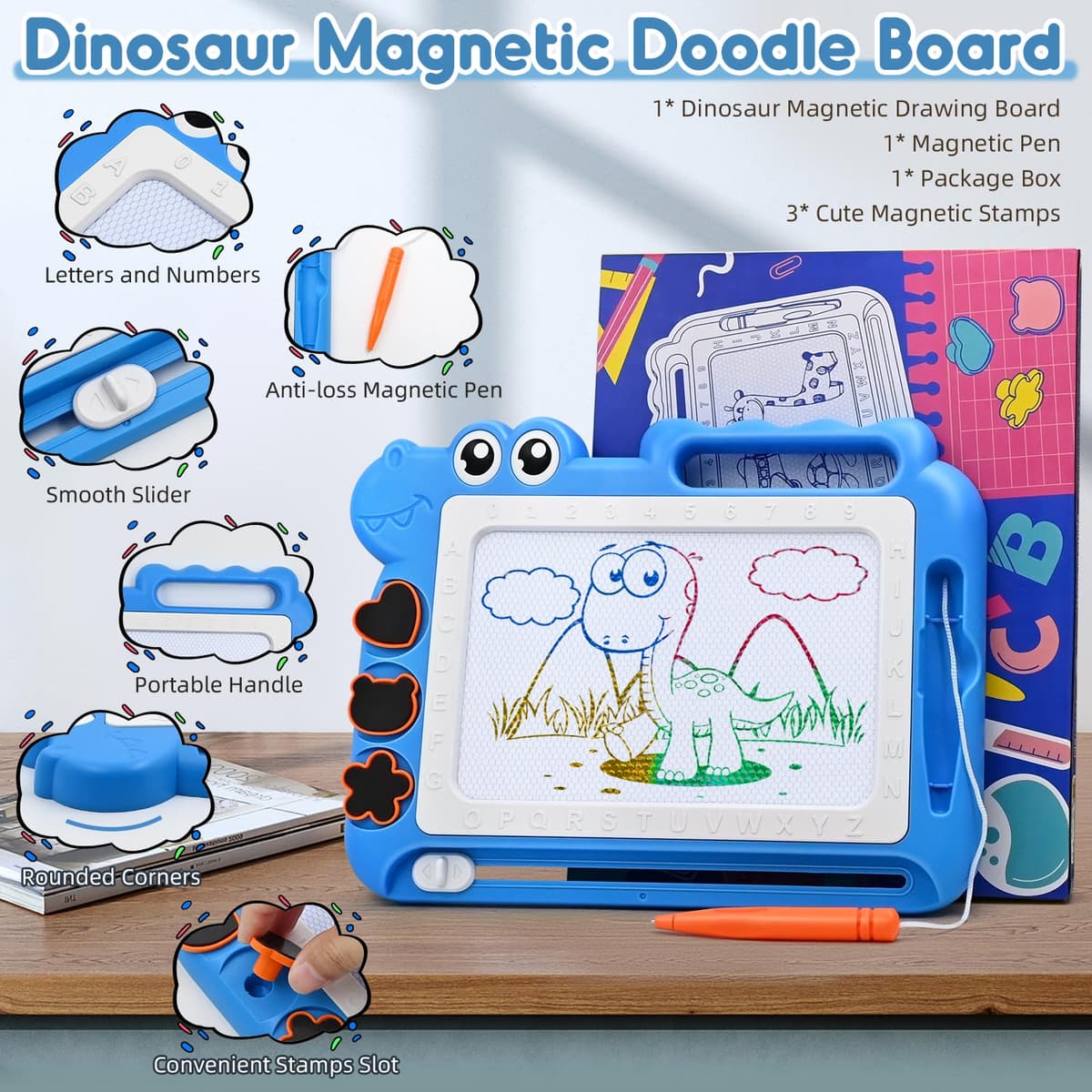 Dinosaurio Pizarra Magnética Infantil Juguetes 3 4 5 Años, Pizarra Magica Colorido Juegos Educativos Regalos para Niñas y Niños 3-5 Años, Viaje Juguetes con 4 áreas Color 3 Sellos 1 Bolígrafo, Azul — view 4