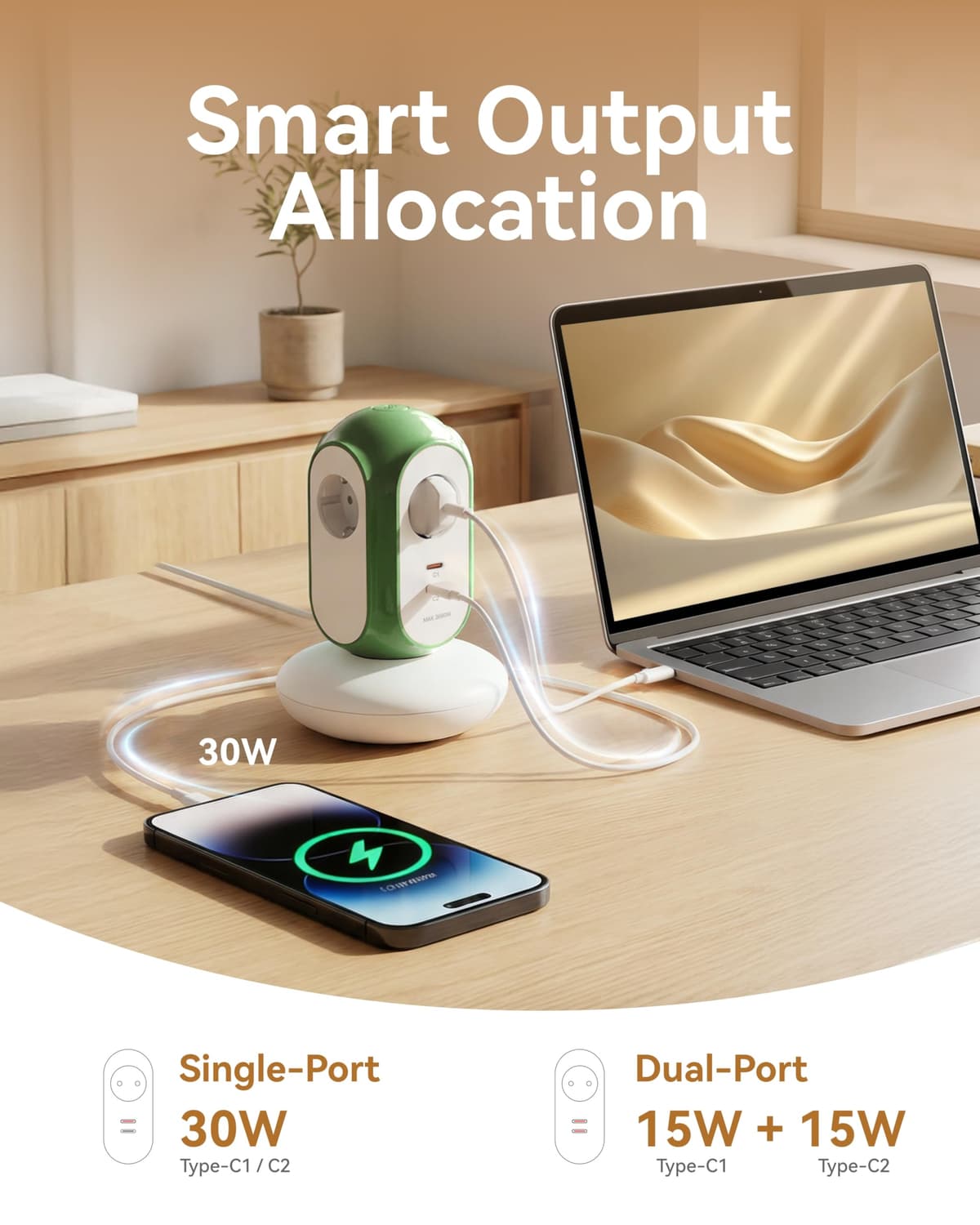 MiaoLab Regleta Eléctrica en Torre con 3 Tomas AC y 2 USB-C (Carga Rápida 30W), 3680W/16A, Protección contra Sobretensiones 1420J, Cable de Extensión 2 m, Protección contra Sobreca (Verde Normandia) — view 3