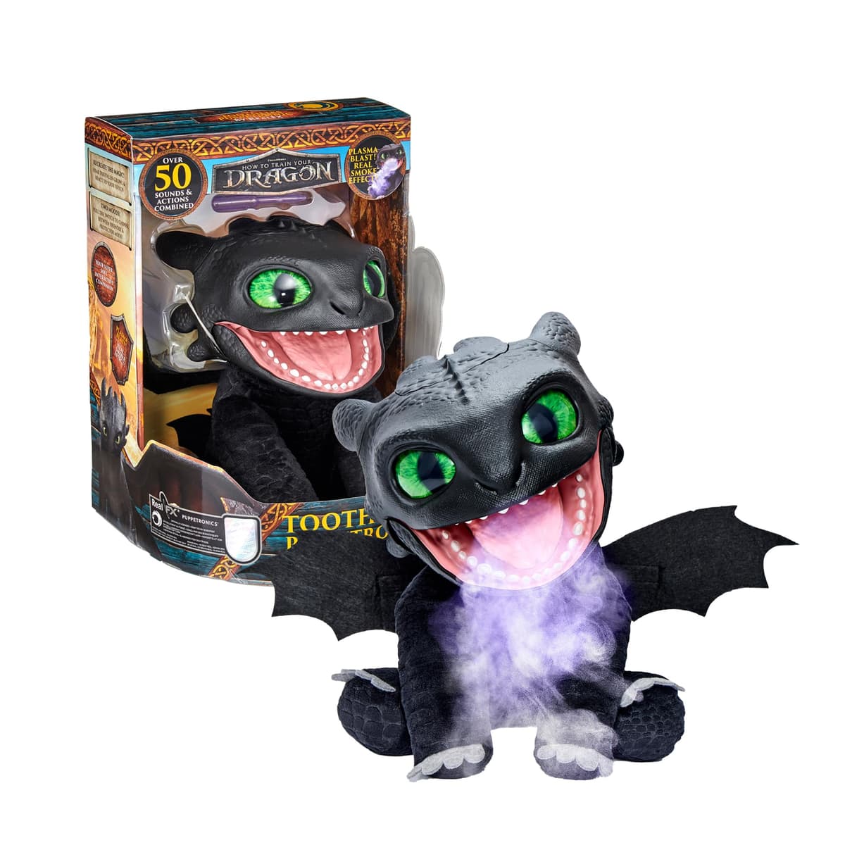 Puppetronic Real FX Toothless - Peluche de Destentao de Cómo Entrenar a tu Dragón, Marioneta Electrónica de 30 cm, +50 Reacciones y Sonidos, Efectos de Humo y Fuego, 6+ años, Famosa (RE000000)