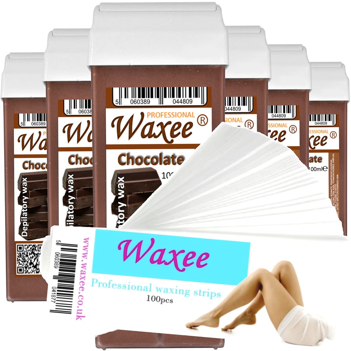 6x 100ml roll on wax, roller wax cartridge Aloe + 100 strips Body & Leg waxing, from UK Brand- Waxee — view 5