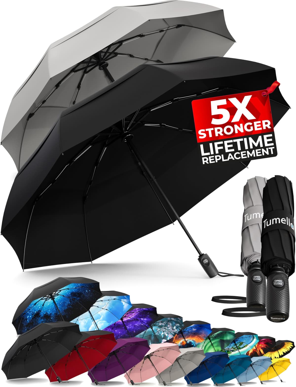 TUMELLA Strongest Windproof Travel Umbrella (Compact, Superior & Beautiful), Small Strong but Light Portable and Automatic Folding Rain Umbrella, Durable Premium Grip, Fits Car & Backpack Black — view 17