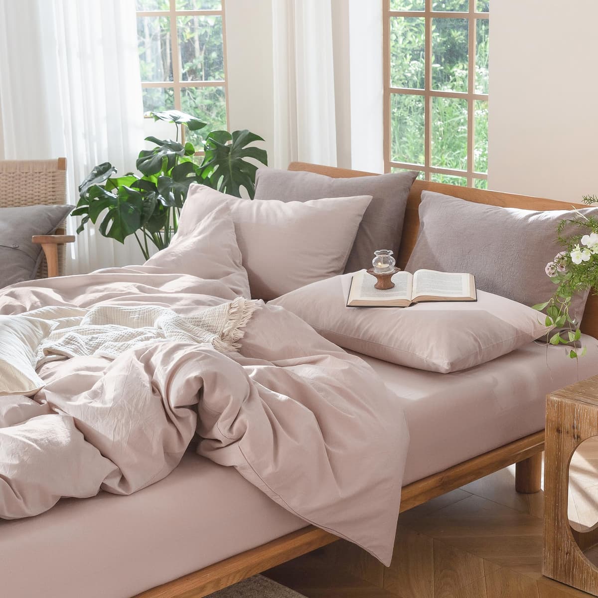 MooMee Bedding Duvet Cover Set 100% Washed Cotton Linen Like Textured Breathable Durable Soft Comfy (Tannish Linen Grey, King) — view 234