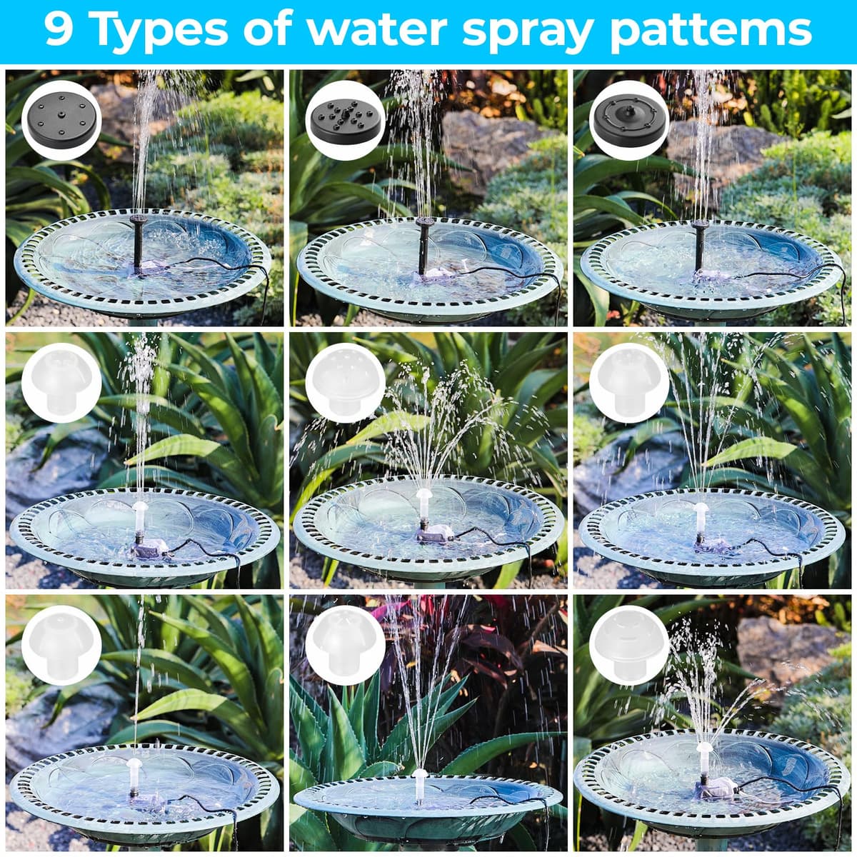 Clevich 12W Solar Fountain Pump with 500L/h Flow Rate, 1M Tube & 9 Nozzles for Garden Ponds, Bird Baths & Fish Tanks – 3.25M Cable for Outdoor Water Features — view 5