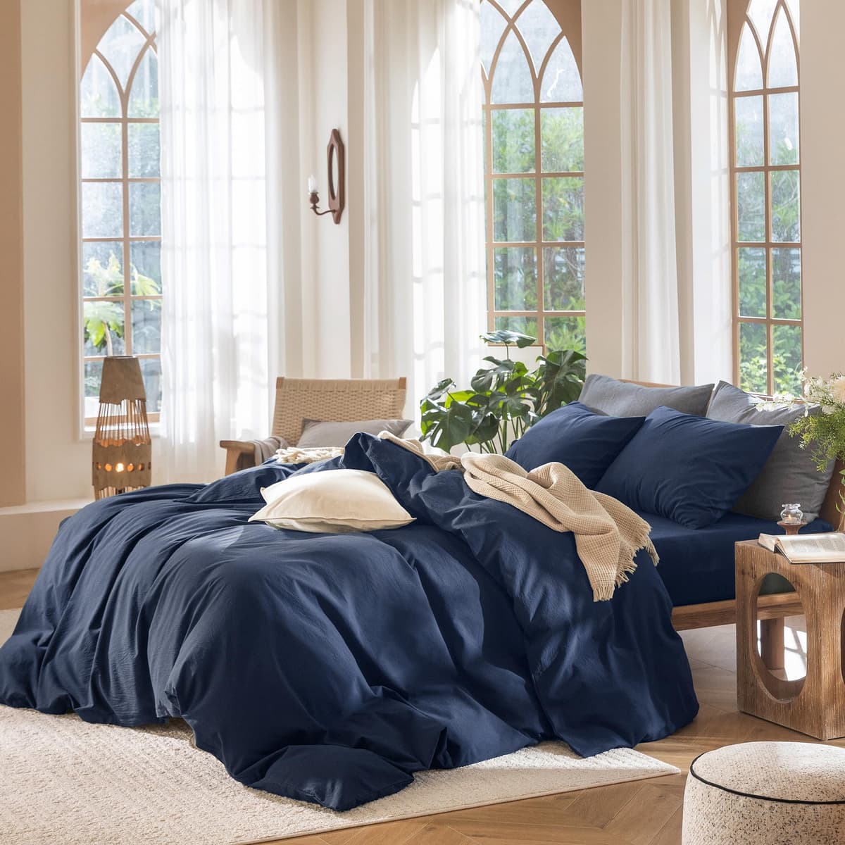 MooMee Bedding Duvet Cover Set 100% Washed Cotton Linen Like Textured Breathable Durable Soft Comfy (Tannish Linen Grey, King) — view 75