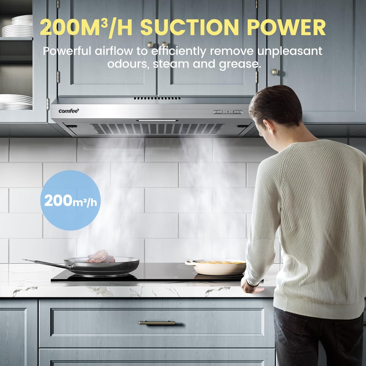 COMFEE' Visor Cooker Hood SLIF17SS-60 LED Extractor Hood Under Cabinet Hood Wall Mounted Extractor Fan Kitchen 600 mm Top Vented Range Hood - Stainless Steel, 60 cm — view 3