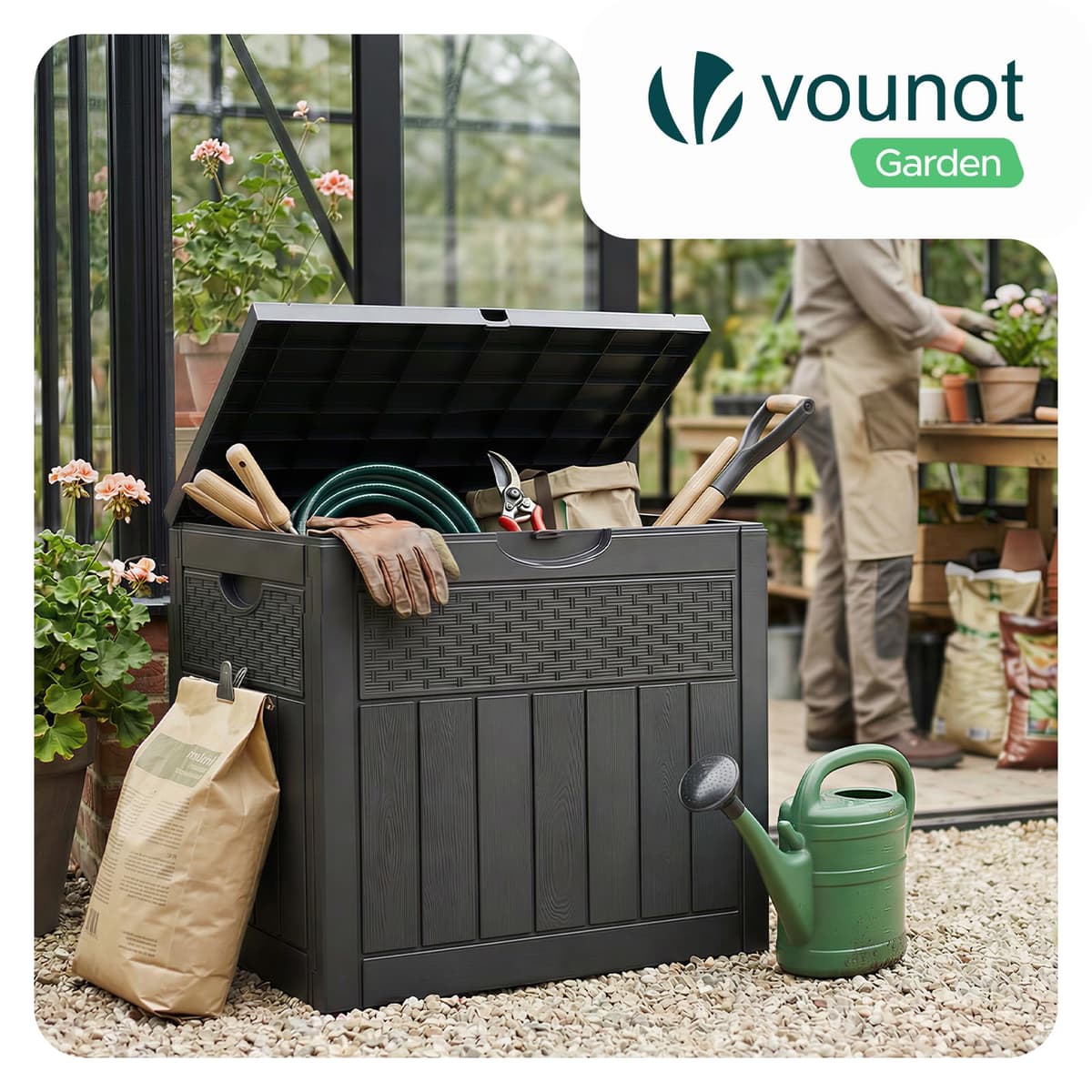 VOUNOT® 126L Outdoor Storage Box with Lid, Lockable Garden Storage Chest, Waterproof Plastic Deck Box for Cushions, Tools & Parcel Delivery, Rattan Effect, Black — view 2
