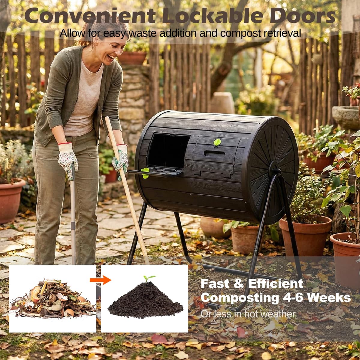 GiantexUK Dual Chamber Garden Compost Bin, 142L Tumbling Composter with 2 Doors & Metal Legs, BPA Free Outdoor Garden Rotating Composting Waste Box (Black) — view 3