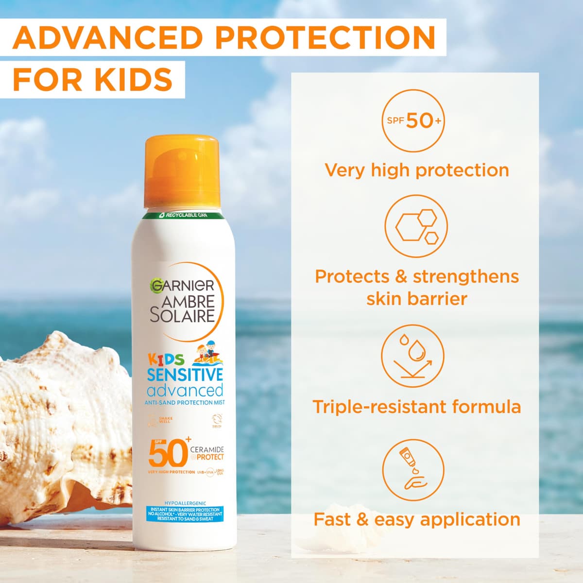 Garnier Ambre Solaire Sun Cream SPF 50+ Sensitive Advanced Kids Anti-Sand Sun Protection Mist Spray, Very High Protection UVA & UVB, Water Resistant, For Face & Body, Cruelty Free 150ml — view 2