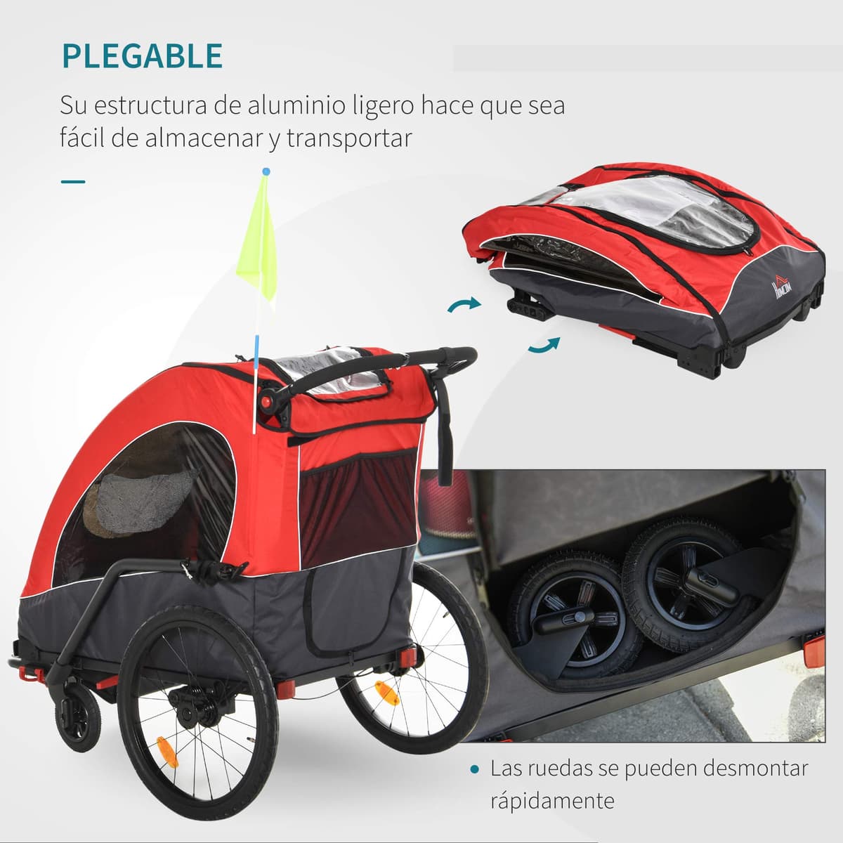 HOMCOM Remolque Infantil 3en1 para Bicicleta Carro de 2 Plazas para Niños de +6 Meses Plegable Ruedas Giratorias y Manillar Ajustable 150x85x107 cm — view 5