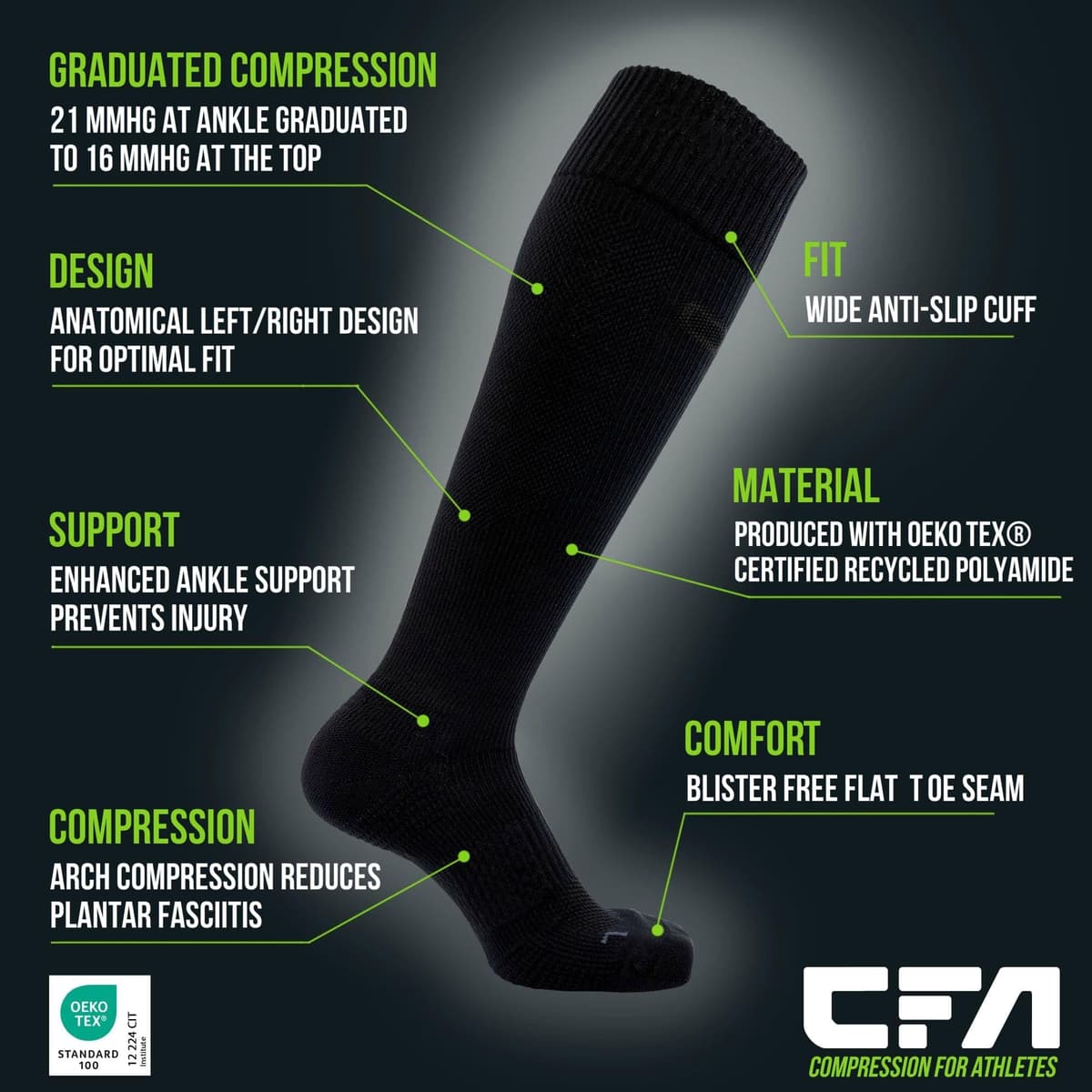 CFA V1 Calcetines Compresion Mujer y Hombre Graduada Antiampollas, Ideales Para El Deporte | Modelo Hasta La Rodilla | Soporte De Tobillo Y Arco | Diseño Danés | Fabricado En Portugal — view 2