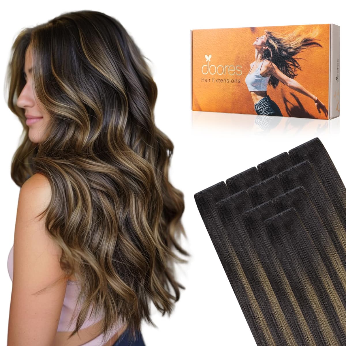 DOORES Tape in Hair Extensions Human Hair, Balayage Dark Brown to Chestnut Brown 50g 20pcs 18 Inch, Human Hair Extensions Natural Remy Straight Skin Weft — view 45