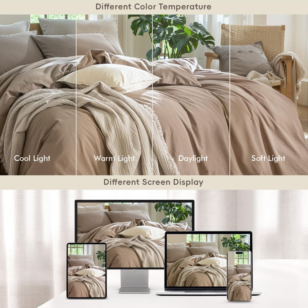 MooMee Bedding Duvet Cover Set 100% Washed Cotton Linen Like Textured Breathable Durable Soft Comfy (Tannish Linen Grey, King) — view 250