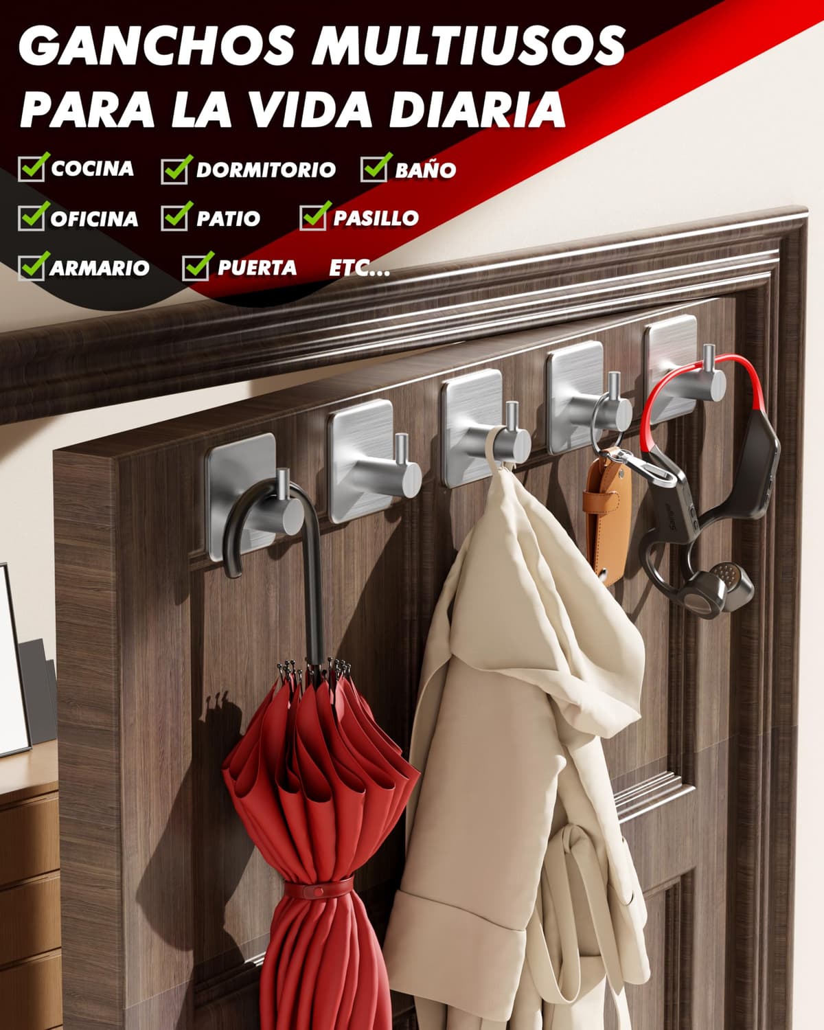 Auxmir Ganchos Adhesivos para Pared, Acero Inoxidable Colgador Toallas sin Taladro, Toalleros Autoadhesivo Extrafuerte para Baño Cocina Albornoz Trapos, Gris, 6 Piezas — view 6