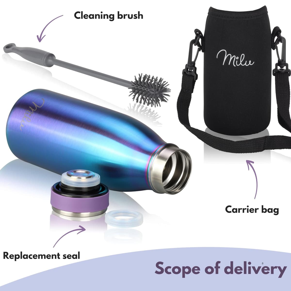 Milu Stainless Steel Drinking Bottle 350 ml - Insulated Thermo Flask for Water - Leak Proof, Insulated and Double Walled, Carbonated (Aurora, 350ml) — view 5