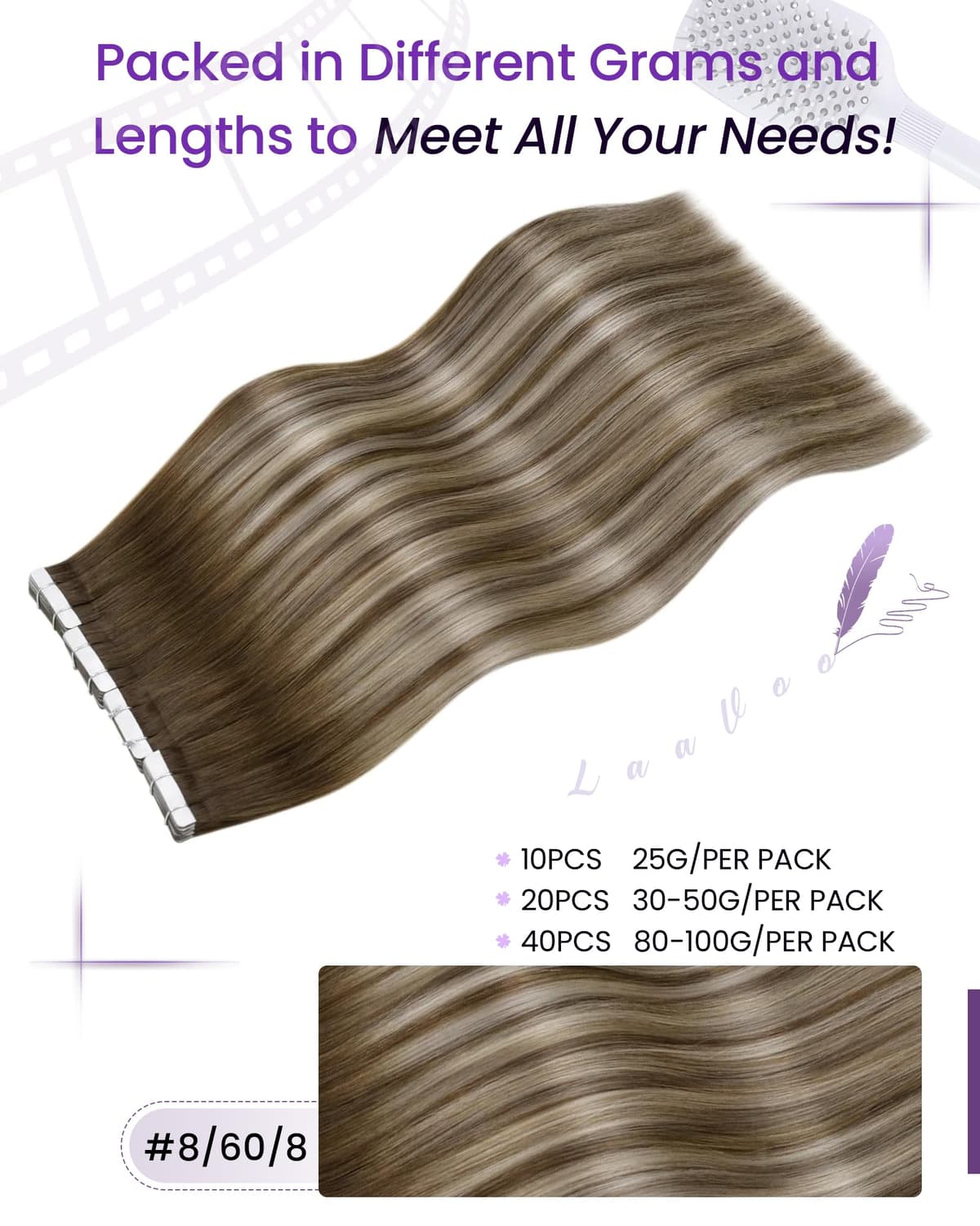 LaaVoo Tape in Hair Extensions Human Hair Blonde Tape Hair Extensions Real Human Hair Invisible Tapes Remy Straight Balayage Brown to Blonde Hair Double Sided Tabs 20pcs 50g 16 Inch #8/18/60 — view 92