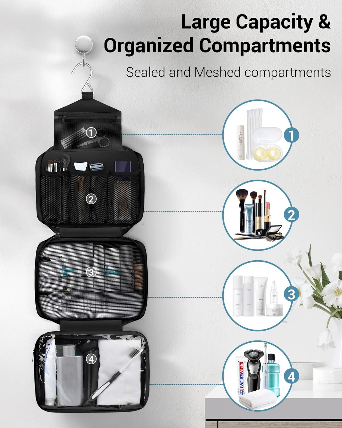 Maliton Hanging Toiletry Bag, Waterproof Large Mens Wash Bag, Foldable Travel Toiletry Bag with 4 Compartments, Travel Essentials for Business Trip, Vacation and for Overnight & Shower（Black） — view 2