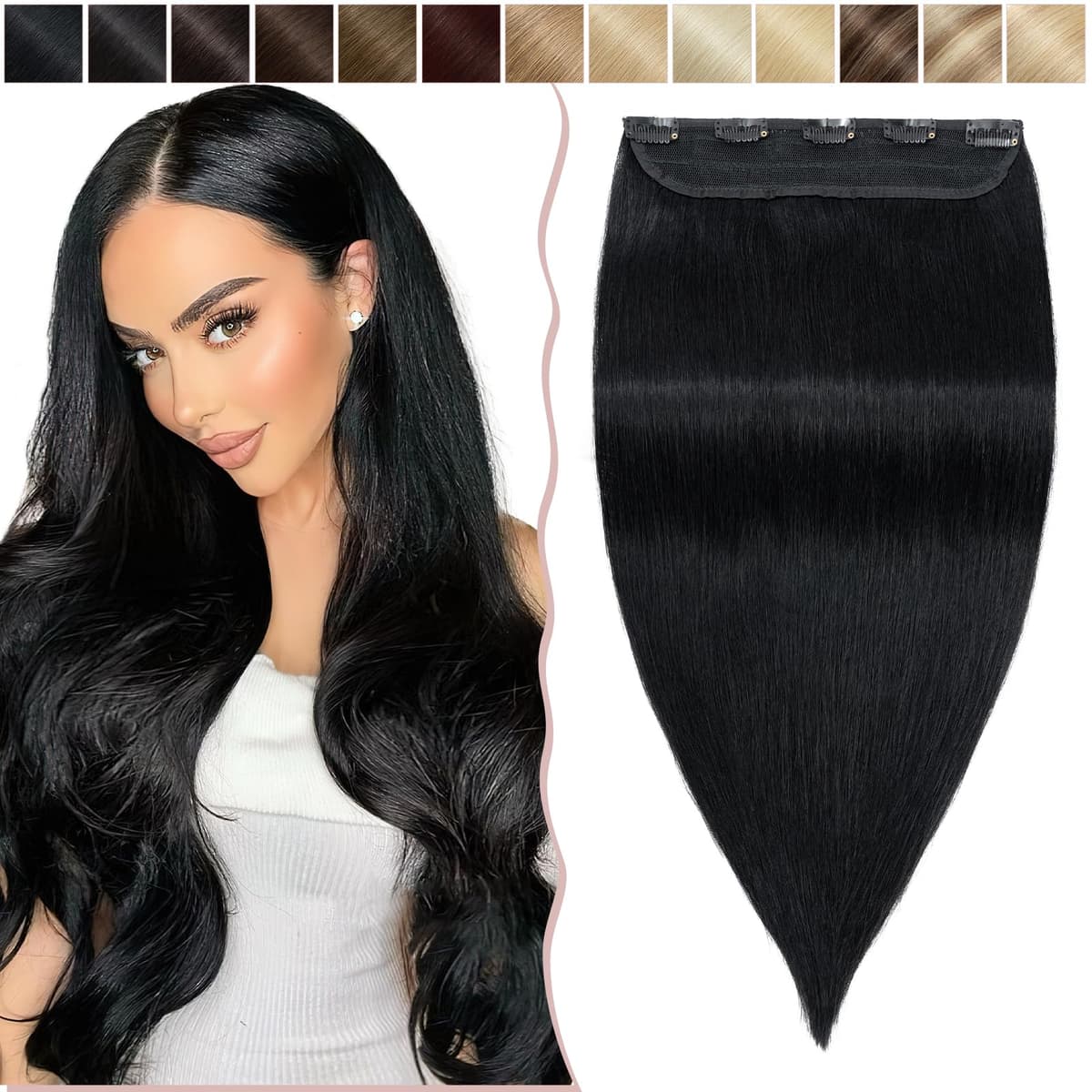 20"(50cm) SEGO Extensiones de Clip de Pelo Natural Una Pieza GRUESA con 5 Clips [#1 Negro Intenso] Remy Cabello Humano Liso (95g)