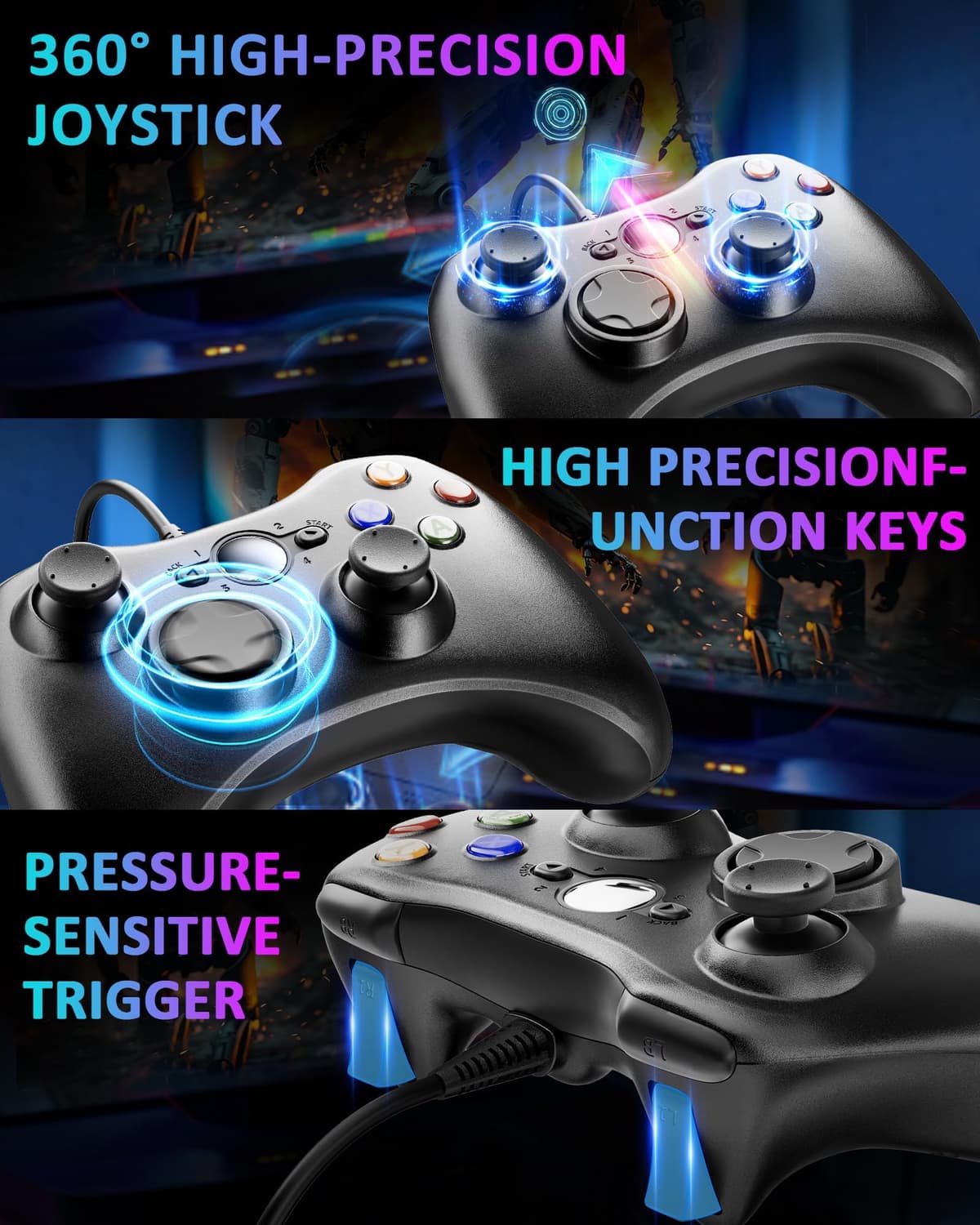 Suoxiom Wired Controller for Xbox 360 PC, USB Gaming Gamepad with Ergonomic Design, Plug & Play Dual Vibration Controller Compatible with Xbox 360 & Windows 10/8/7/XP — view 3