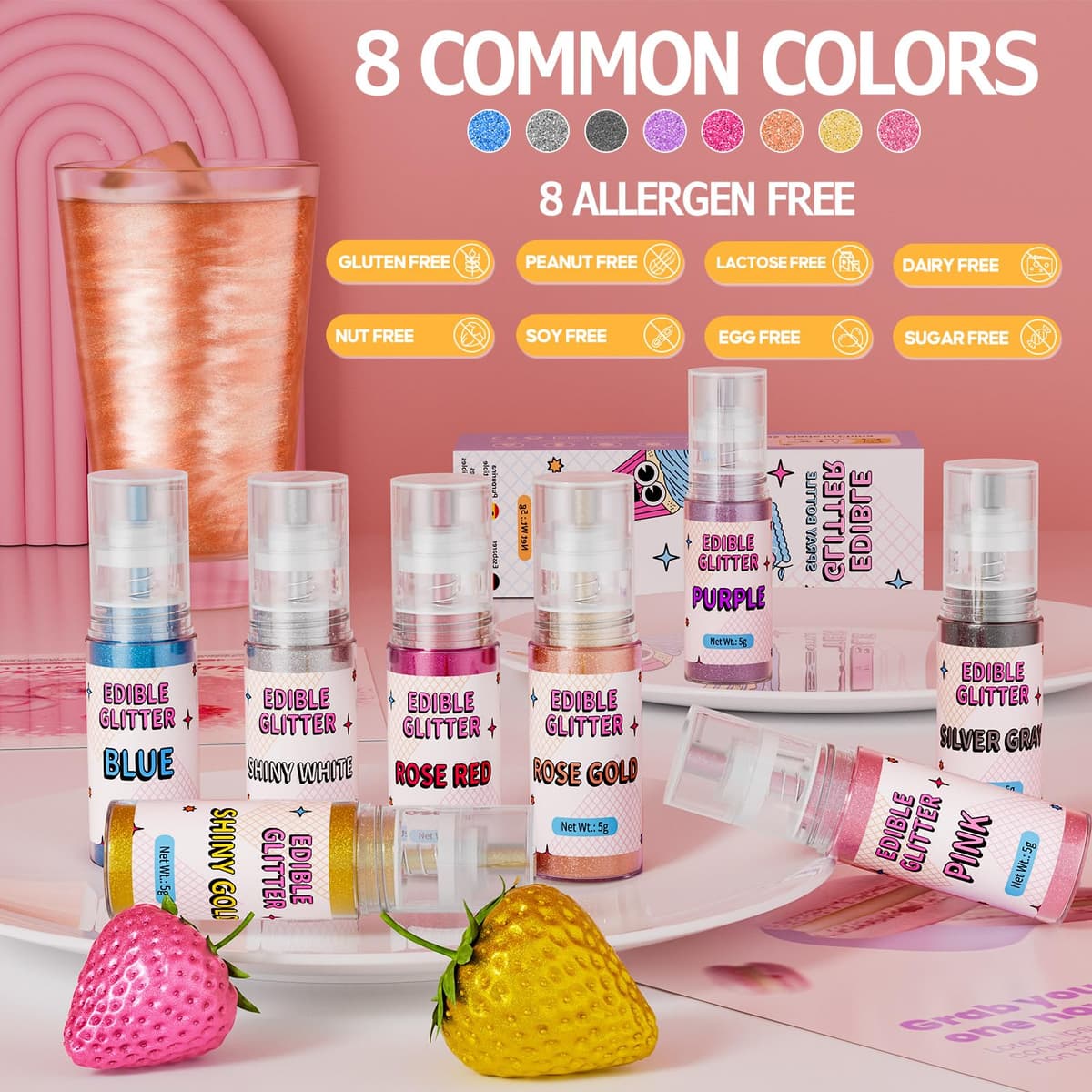 Purpurina Comestible Spray Oro, Waysroma Purpurina Comestible Reposteria Sprinkles Colorantes Alimentarios Polvos para Tartas, Fresas, Fondant, Cócteles, Chocolate (5g) — view 4