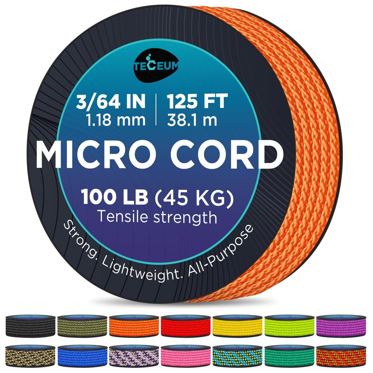 Micro Paracord: 1.18 mm de Grosor. Color: Naranja (Orange). Longitud - 38.1 m (125 ft). Resistencia a la tracción: 45.35 kg. Delgado, Ligero y Fuerte. Viene en una Bobina compacta y Conveniente