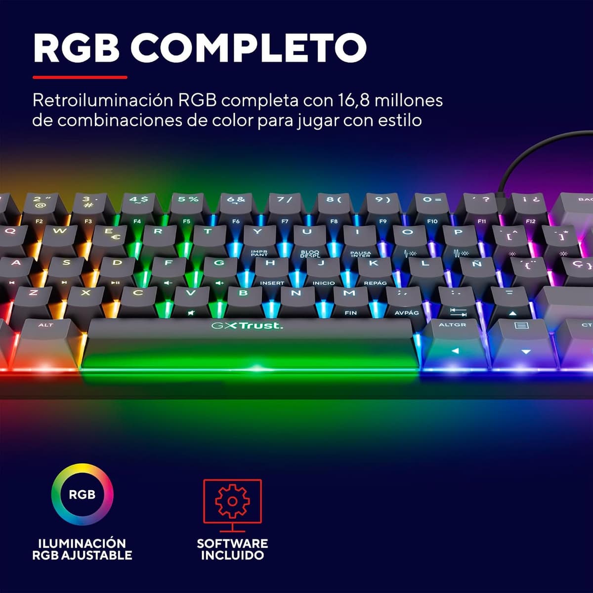 GXTrust 867 Acira Teclado Mecánico 60% Español QWERTY, Teclas de Doble Función, Iluminación RGB, Mini Teclado Gaming Compacto Programmable con Cable USB PC Portátil - Negro/Gris Mini (60%) — view 5