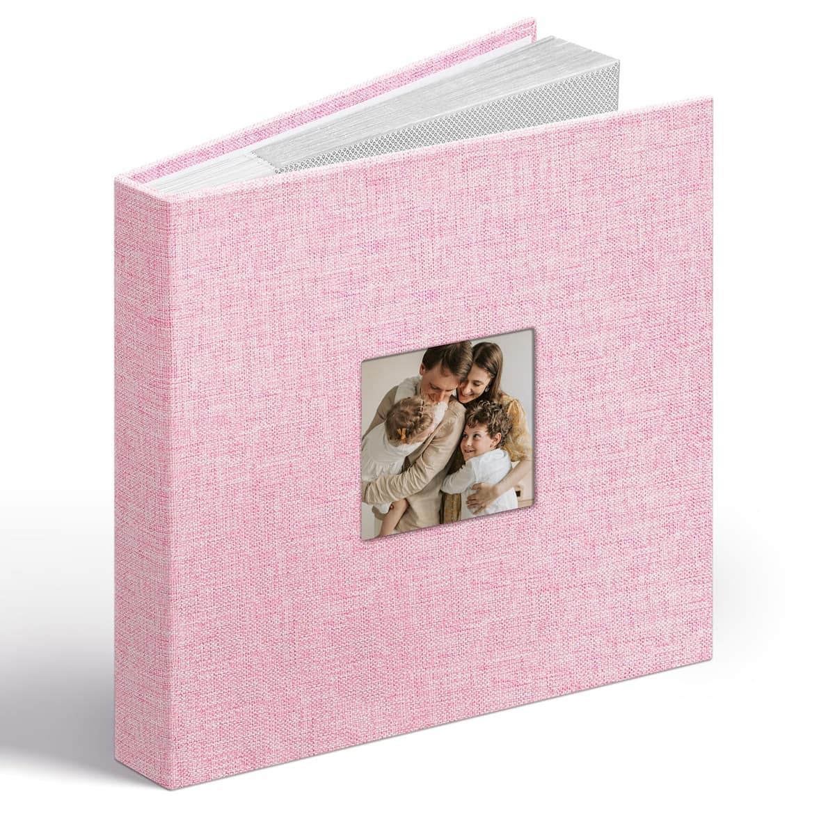 Vienrose Álbum de Fotos Lino 6x4 48 Fotos con Ventana en Portada, Bolsillos Ácido-Free, Álbum de Recuerdos con Espacios para Notas, Regalo para Bodas, Familia, Bebé, Aniversario (Rosa)