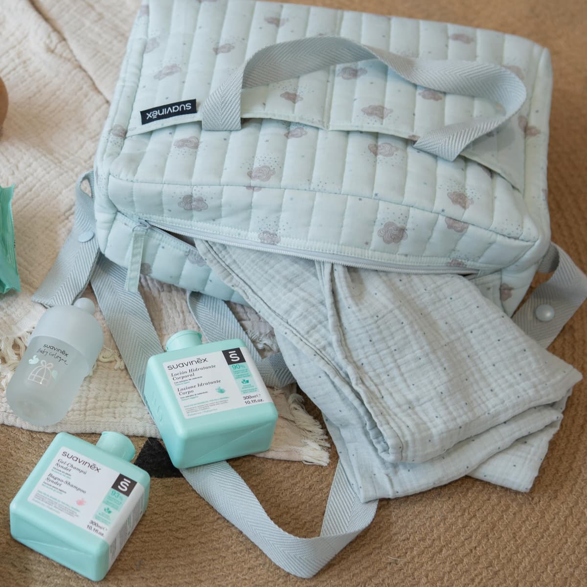 Suavinex, Bolso Carro Bebé con Cosmética: Gel Champú Syndet 300 ml + Loción Hidratante 300 ml + Pomada Pañal 50 ml + Baby Cologne 100 ml + Toallitas 60 Uds. Ideal Regalo de Recién Nacido, Azul — view 7