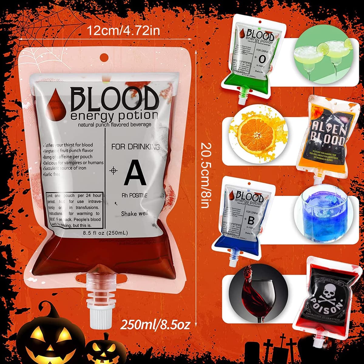 Bolsa de Sangre, 16 Piezas Bolsa de Sangre de Halloween, con un Embudo, Vacías Bolsas de Bebida, para Disfraz de Halloween Suministros Fiesta Temática de Zombis Fiesta de Vampiros — view 3