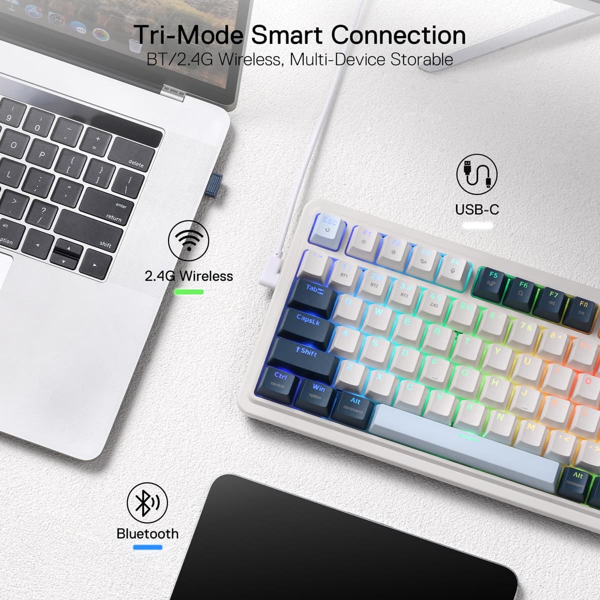 Redragon K686 PRO 98 Keys Wireless Gasket RGB Gaming Keyboard, 3-Mode Win/Mac Mechanical Keyboard w/5-Layer Noise Dampening, Dedicated Knob Control & Hot-Swap in Linear Red Switch, Blue Himmel Color — view 5