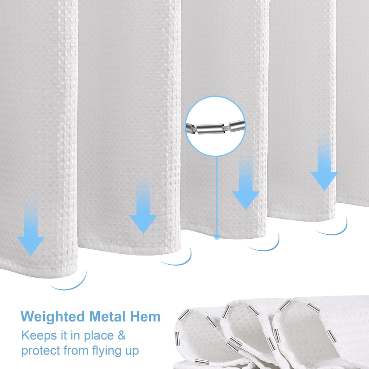 Cortina de Ducha para Baño Impermeable con Ganchos de Metal Cortina de Ducha de Tela Waffle Cortina de Baño Resistente y Antimoho para Bañera o Cabina - 152 x 182 cm (Blanco) — view 5