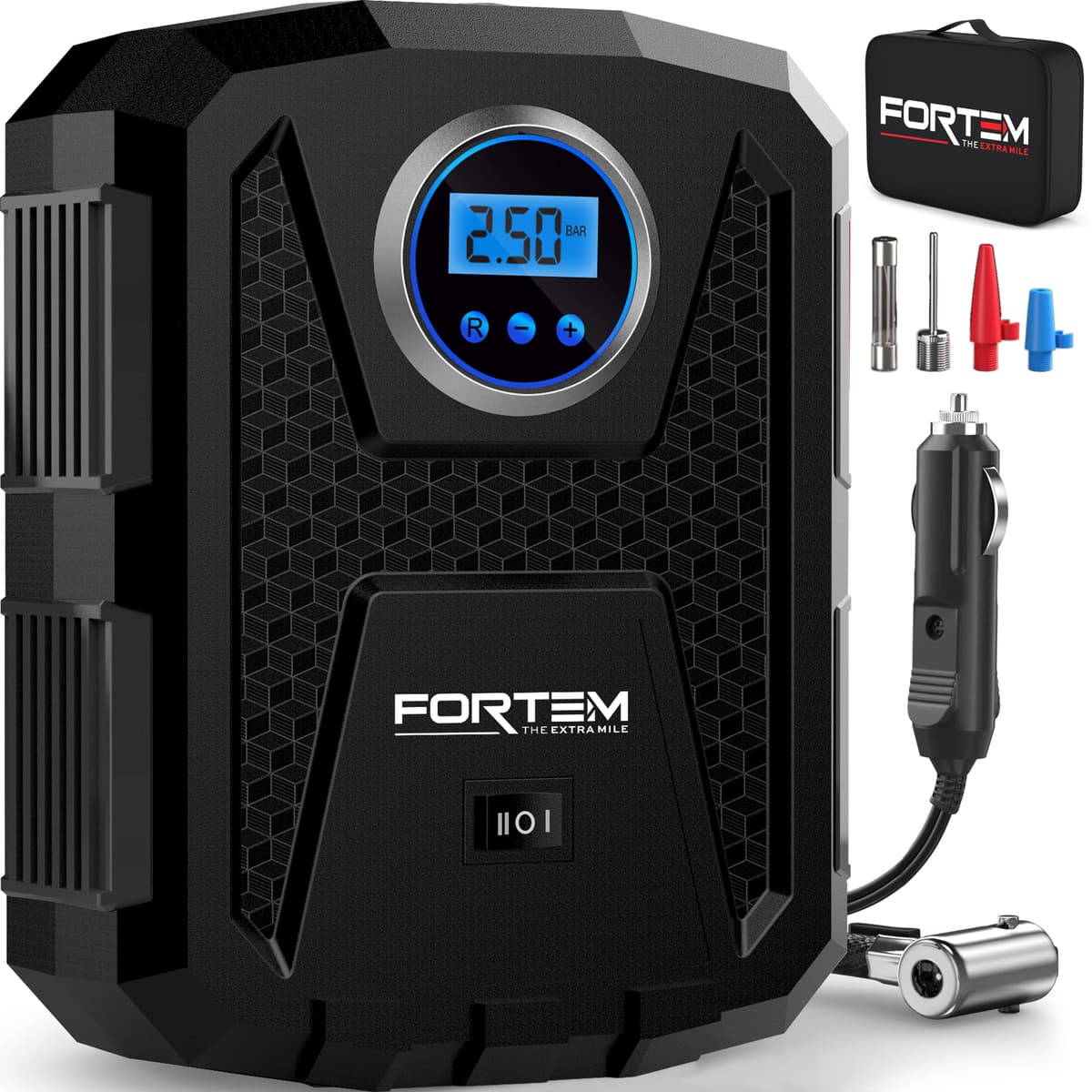 FORTEM Car Tyre Inflator 150 PSI, Air Compressor, Electric Air Pump for Car Tires, Digital Tire Pump w/Auto Pump/Shut Off, Carrying Case