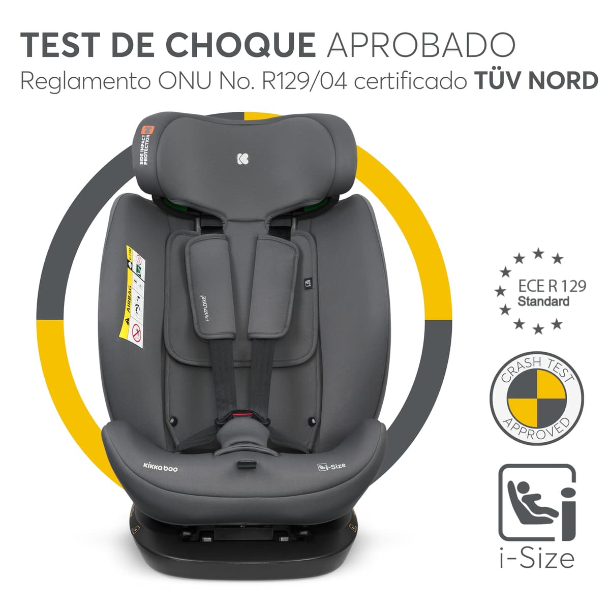 KikkaBoo Silla Coche Bebé sin ISOFIX i-EXPLORE 2, Grupo 0 1 2 3, i-Size 40-150 cm, Reclinable, 0-12 Años, Reposacabezas 14 Posiciones, Cojín y Arnés 5 Puntos, Grey — view 3