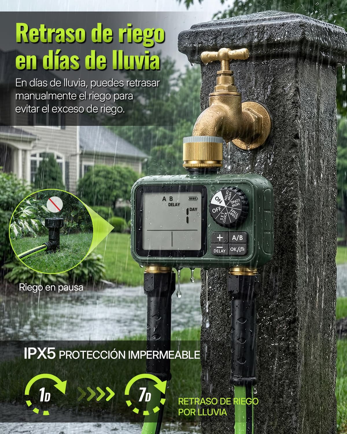 2 Valve Irrigation Programmer, Automatic Irrigation Computer, Timer for Garden Hose Tap, Rain Delay Function, Patio and Lawn, Dark Green — view 4