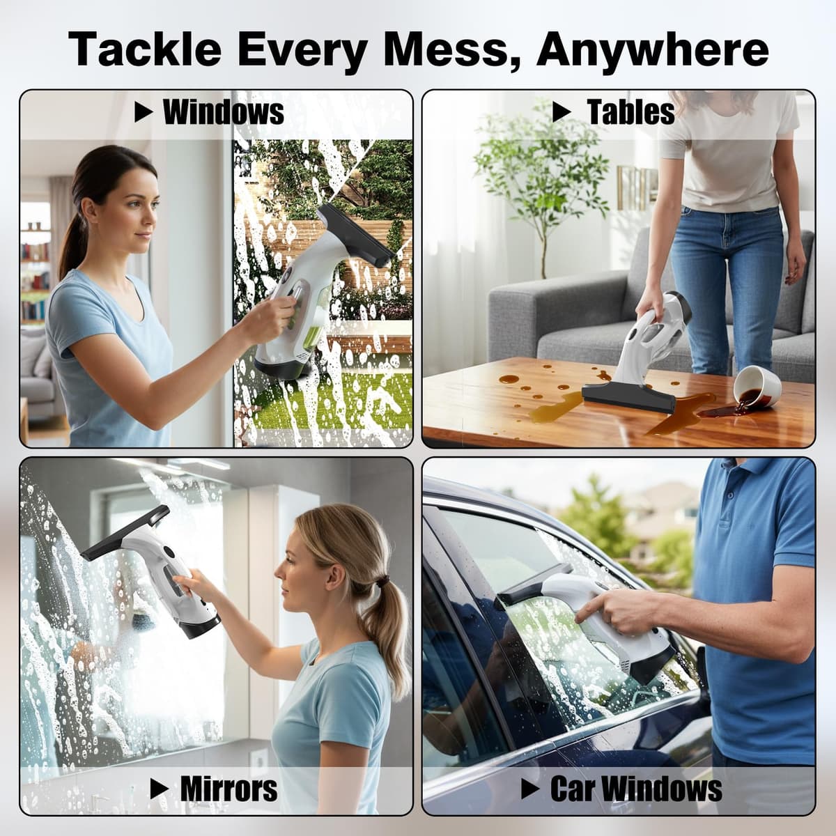 Window Vacuum Squeegee Cordless, 2000Pa Electric Window Cleaner Tool with 2200mAh & 150ml Water Collection Tank, Cleaning Kit Shower Squeegee for Glass Doors, Tiles, Mirrors, Car (White) — view 5