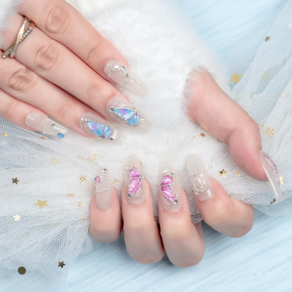 Sun&Beam Nails Handmade Press On Nail Long Coffin Ballerina Pink Flower Acrylic Fake Tip 3D Design Art Charms Cute with Storage Box 10 Pcs (S) — view 161