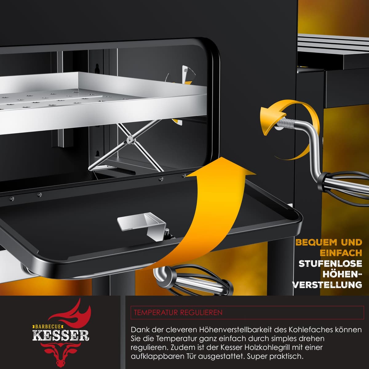 KESSER® Parilla de Carbón con Carrito Grill con Tapa, Ruedas, Mango de Acero Inoxidable | Barbacoa, Cepillo, Cubierta y Termómetro Carbón Wagen Grande BBQ Barbacoa Camping, Jardín XL Negro — view 5