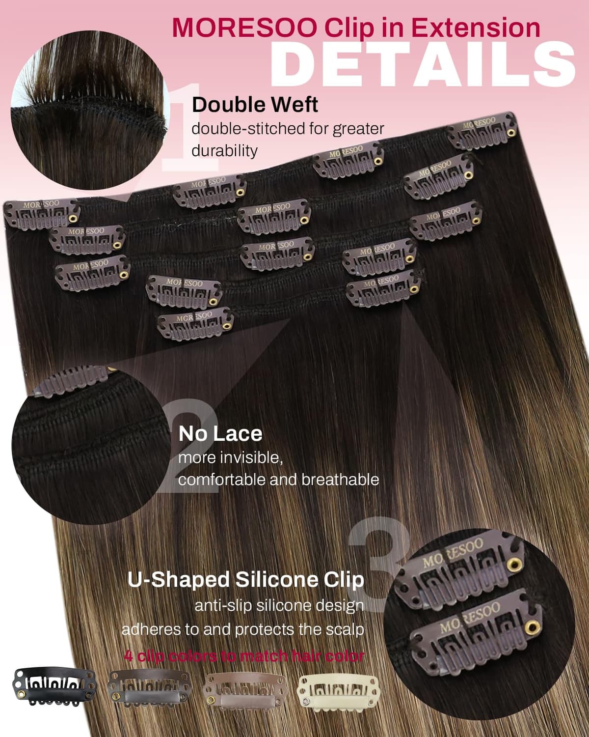 Moresoo Brown Clip in Hair Extensions Balayage 16 Inch Ombre Golden Brown with Honey Blonde Hair Extensions Clip in Real Human Hair 80g 5 Pieces Straight Hair #4/10/16 — view 4