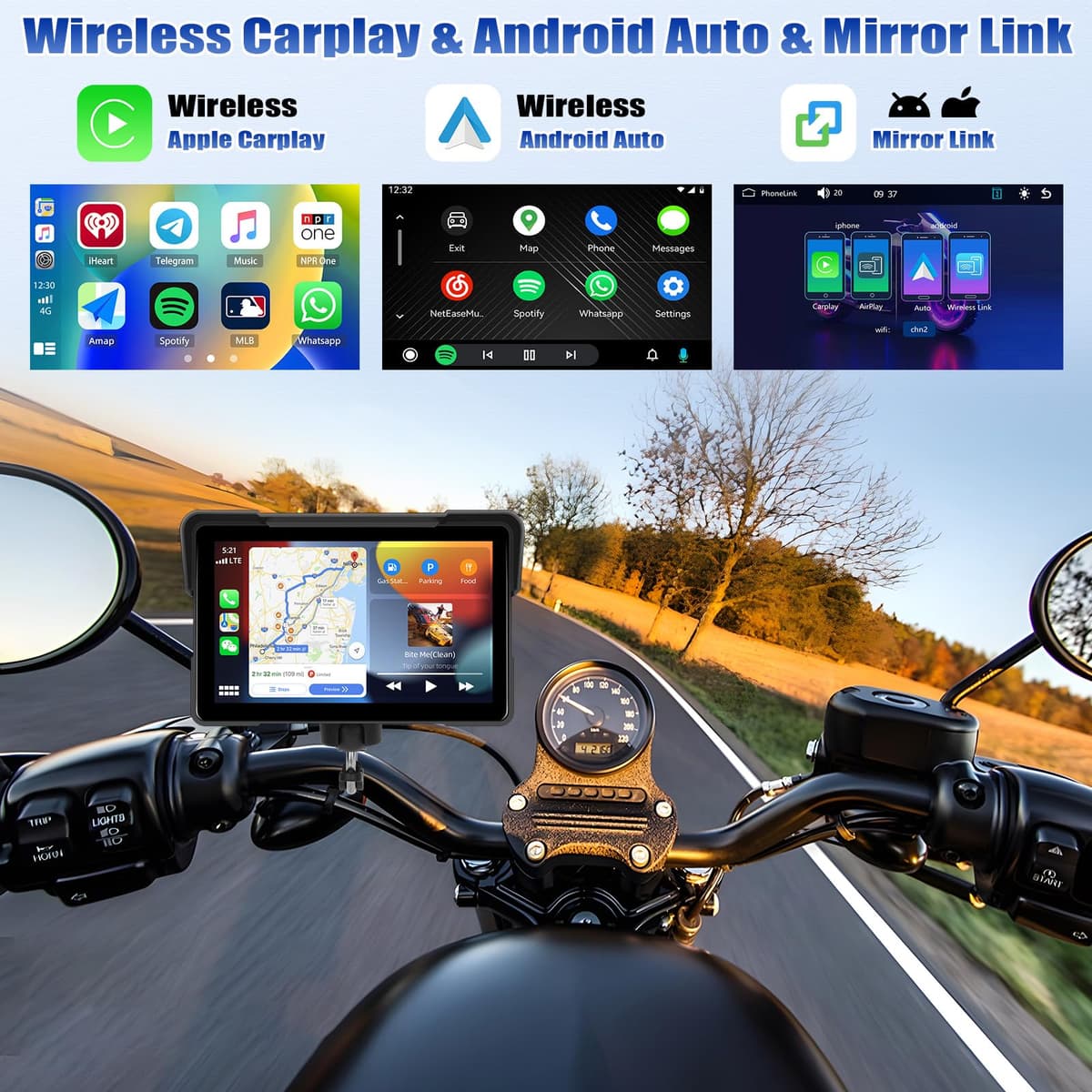 [2025] CAMECHO 7 Pulgadas Inalámbrico Moto Carplay Android Auto, IP67 Impermeable HD Pantalla Táctil GPS Display para Motos con Doble Bluetooth +EQ Airplay Android Cast Siri, G00gle Assistant — view 3
