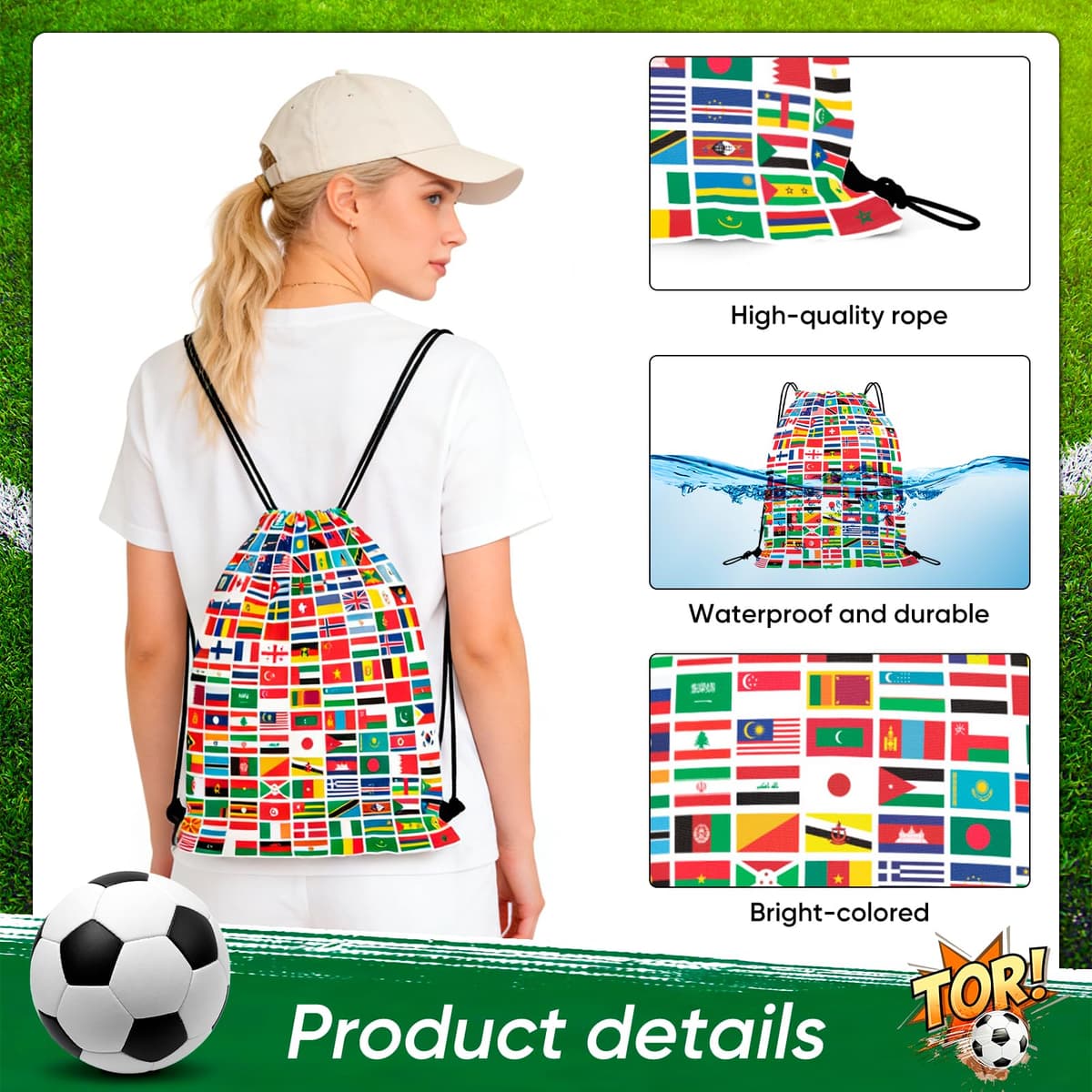 World Cup Football 2026 Drawstring Backpack Set with Flags World Cup 2026Accessories for Fans, Boys Girls Party Favors, Souvenirs & Multi-Nation Souvenir Gear — view 3