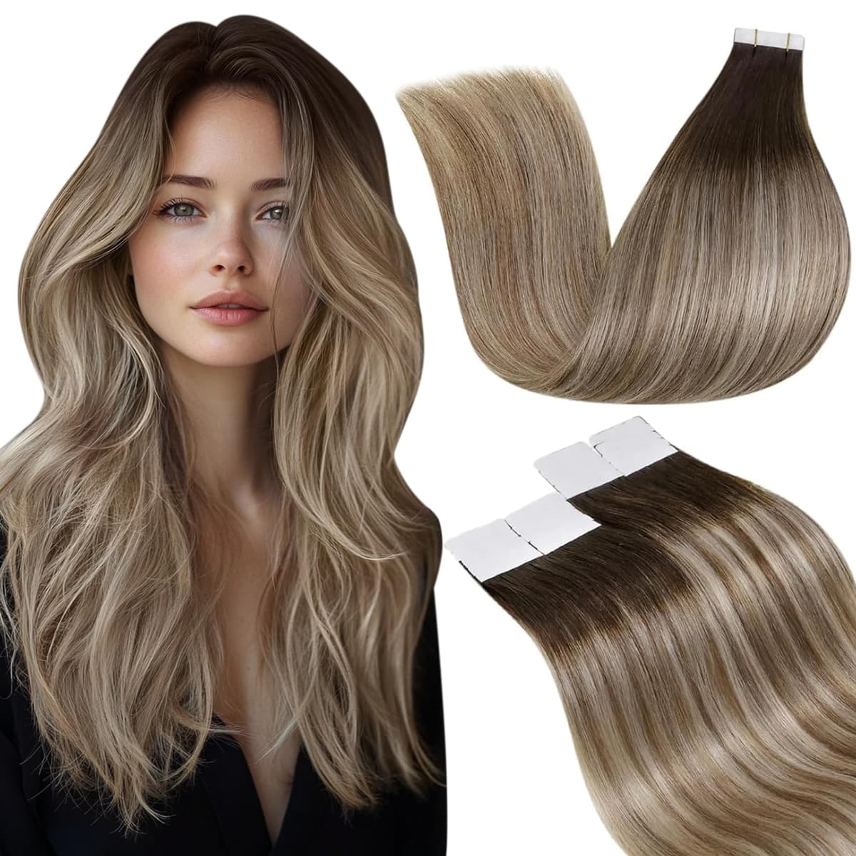 LaaVoo Tape in Hair Extensions Human Hair Blonde Tape Hair Extensions Real Human Hair Invisible Tapes Remy Straight Balayage Brown to Blonde Hair Double Sided Tabs 20pcs 50g 16 Inch #8/18/60 — view 10