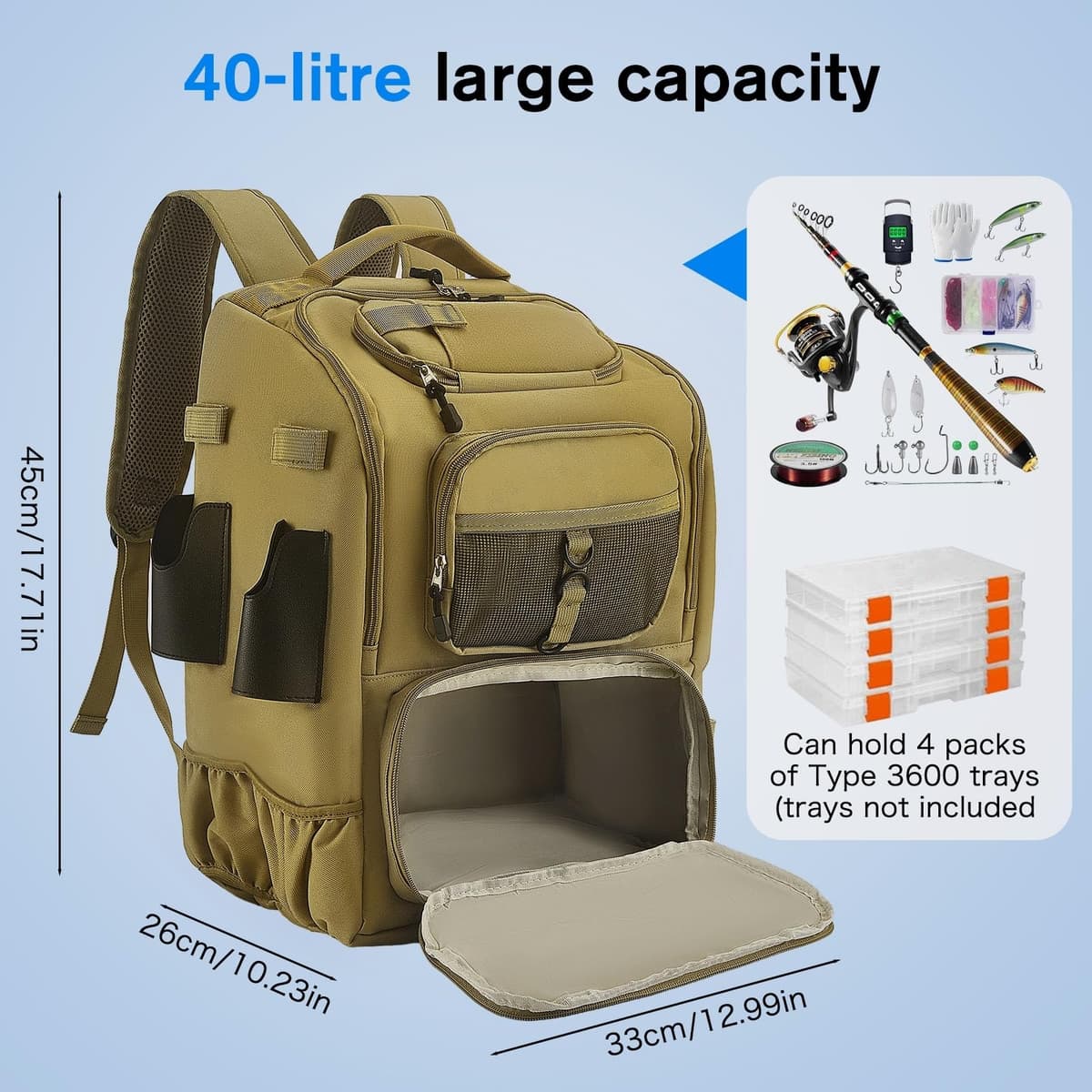 Mochila de pesca multifuncional 900D Oxford accesorios de pesca mochila con compartimento ajustable soporte para cañas de pescar bolsa de aparejos de pesca bolsa de 40 l para pesca de agua — view 2