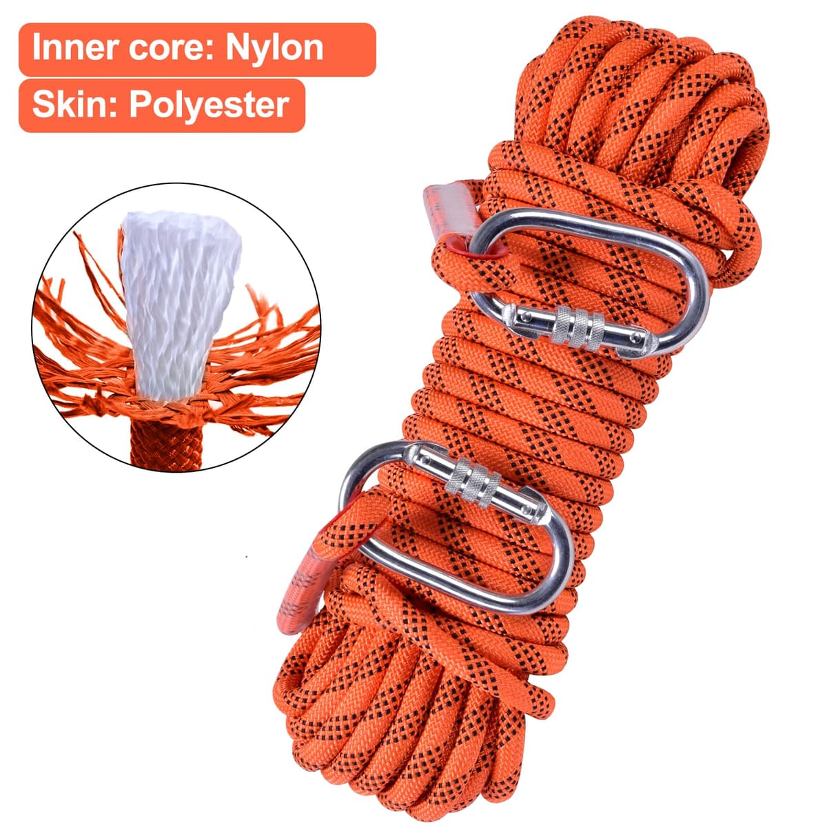 Cuerda Escalada 10M, 10mm Cuerda de Escalada Cuerda de Seguridad Nylon Cuerda Cuerdas de Rescate con 2 Mosquetón para Usos al Aire Libre Cuerda Camping Exterior Montañismo (Naranja) — view 4