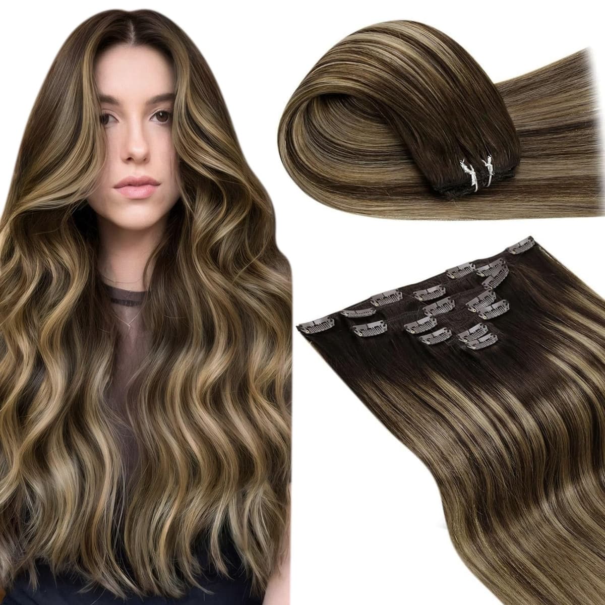 LaaVoo Hair Extensions Clip in Real Human Hair Brown Clip in Hair Extensions Dark Brown Remy Straight Hair Full Head Double Weft 80g 5pcs 14 Inch #4 — view 49