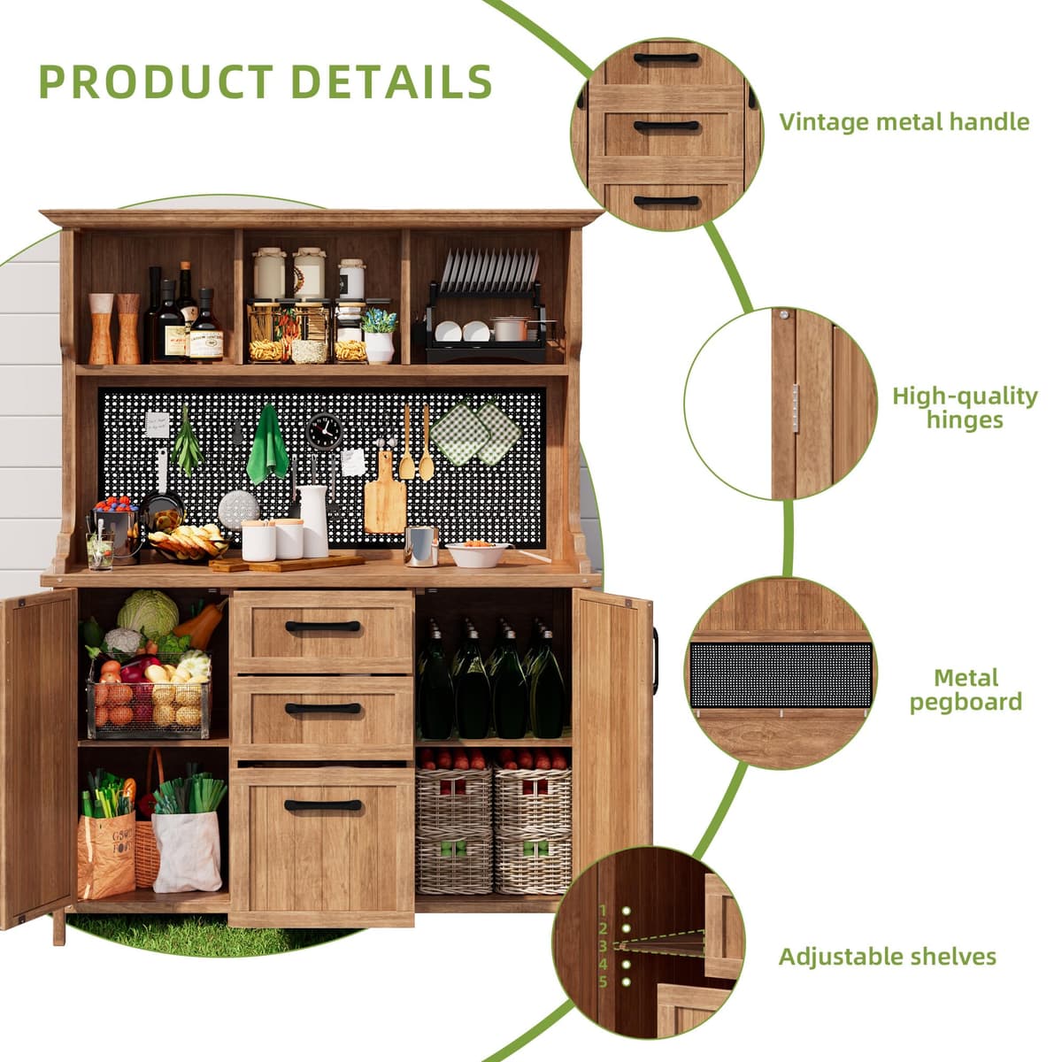 Merax Outdoor Storage Cabinet, Solid Wood, Natural, 120x50x185.1cm, 47kg, Rustic, with 3 Drawers and Metal Pegboard — view 4