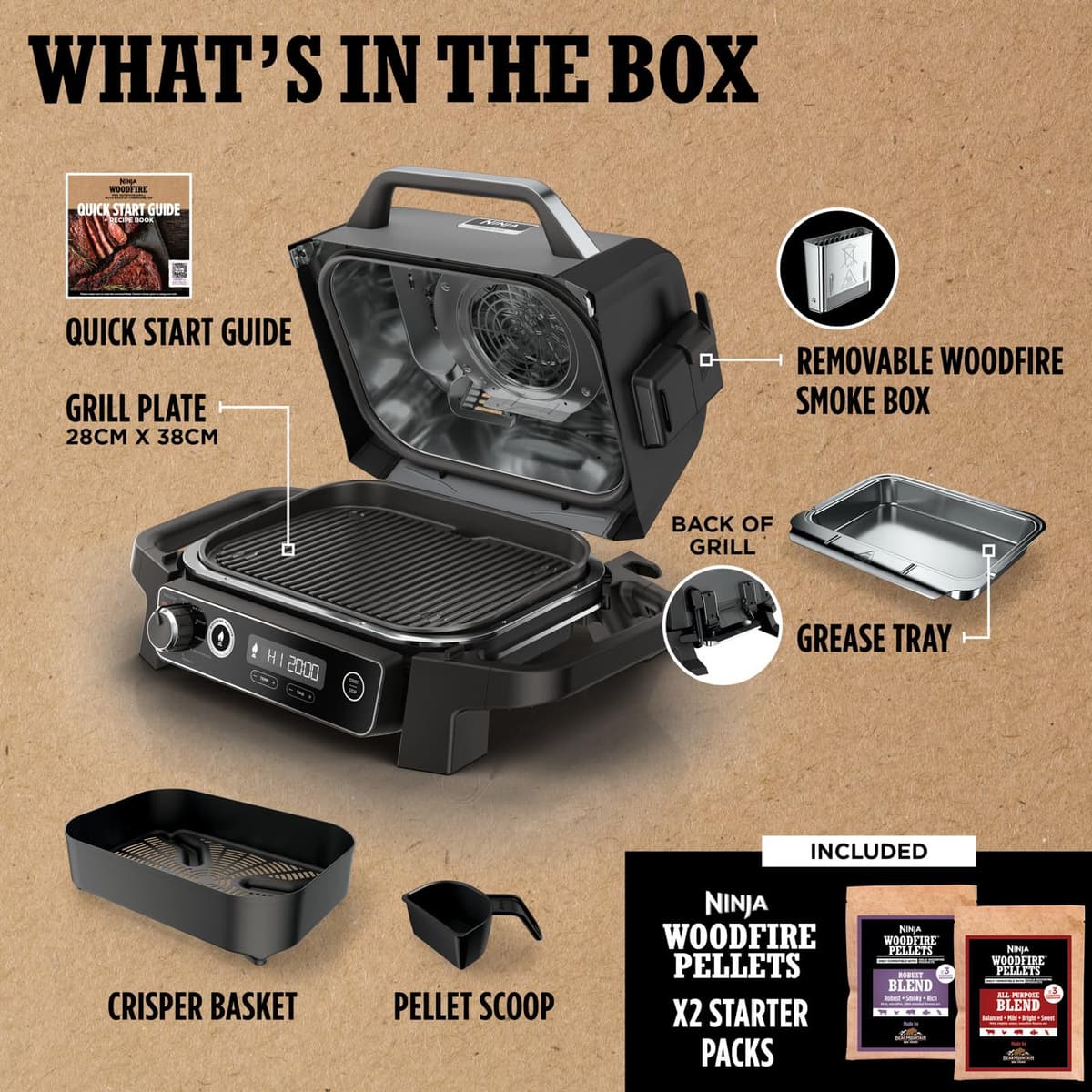 Ninja Woodfire Electric BBQ Grill & Smoker, 7-in-1 Outdoor Grill & Air Fryer, Roast, Bake, Dehydrate, Uses Woodfire Pellets, Weather Resistant, Non-Stick, Portable, Electric, Grey/Black, OG701UK — view 2