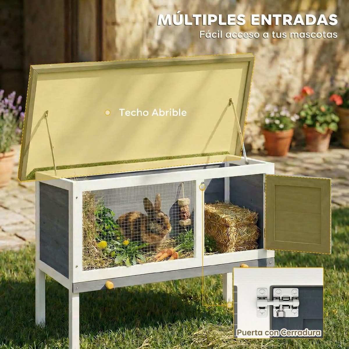 PawHut Conejera de Madera, Jaula para Conejos Medianos con Techo Asfáltico Abatible, Bandeja Extraíble, Puerta con Pestillo, Conejera Elevada Exterior, para Cobayas y Chinchillas, 90x45x65 cm, Gris — view 4