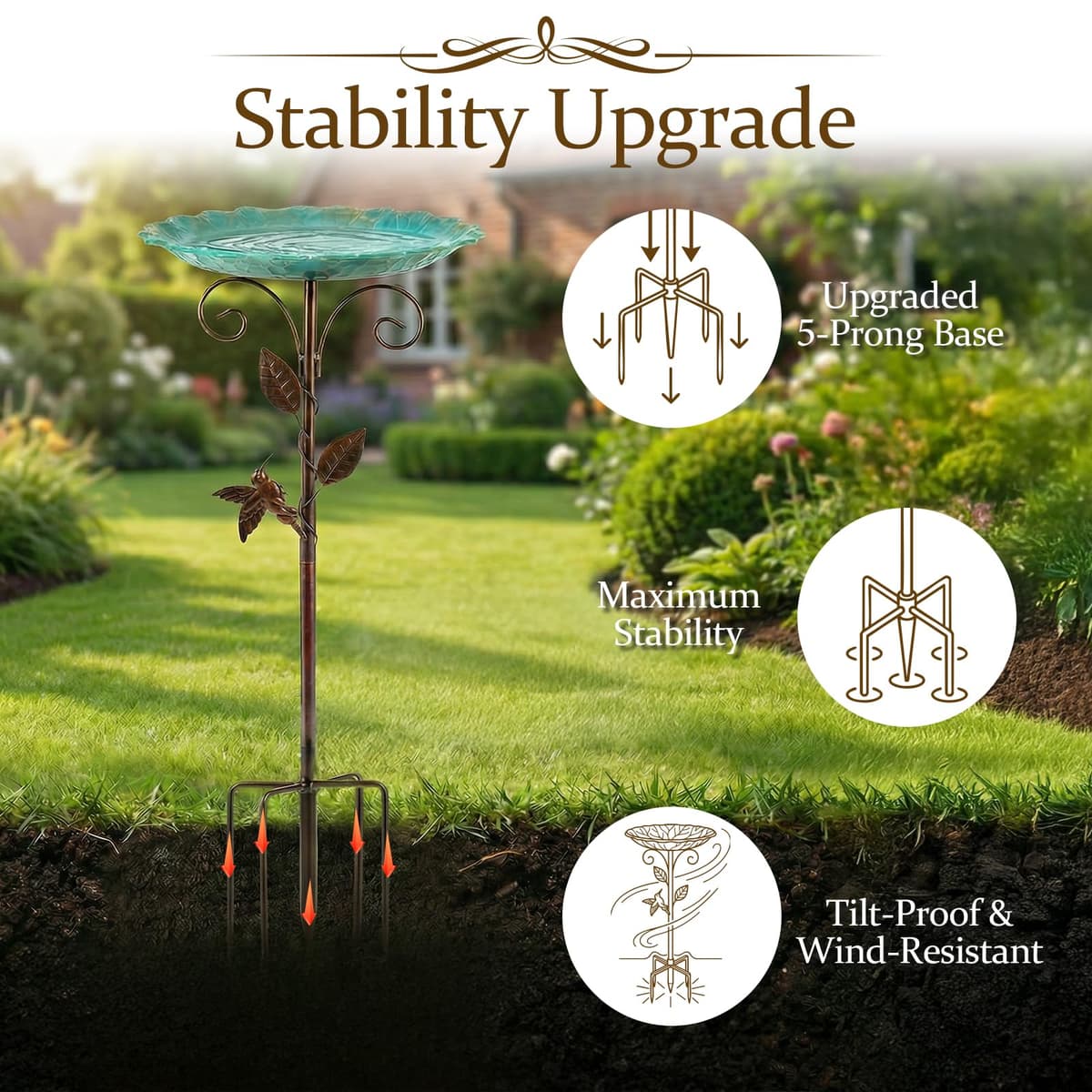 30In Metal Bird Bath for Garden, Vintage Freestanding Birdbaths & Supports, Double Bowl 2-in-1 Bird Feeders Detachable Bird Bath Water Station for Outdoors Garden Patio Yard Lawn Decor — view 5